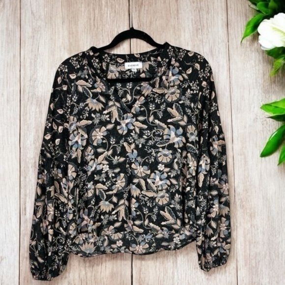 Evereve Top womens XS Floral Print Black Tan V Neck Blouse - Picture 1 of 10